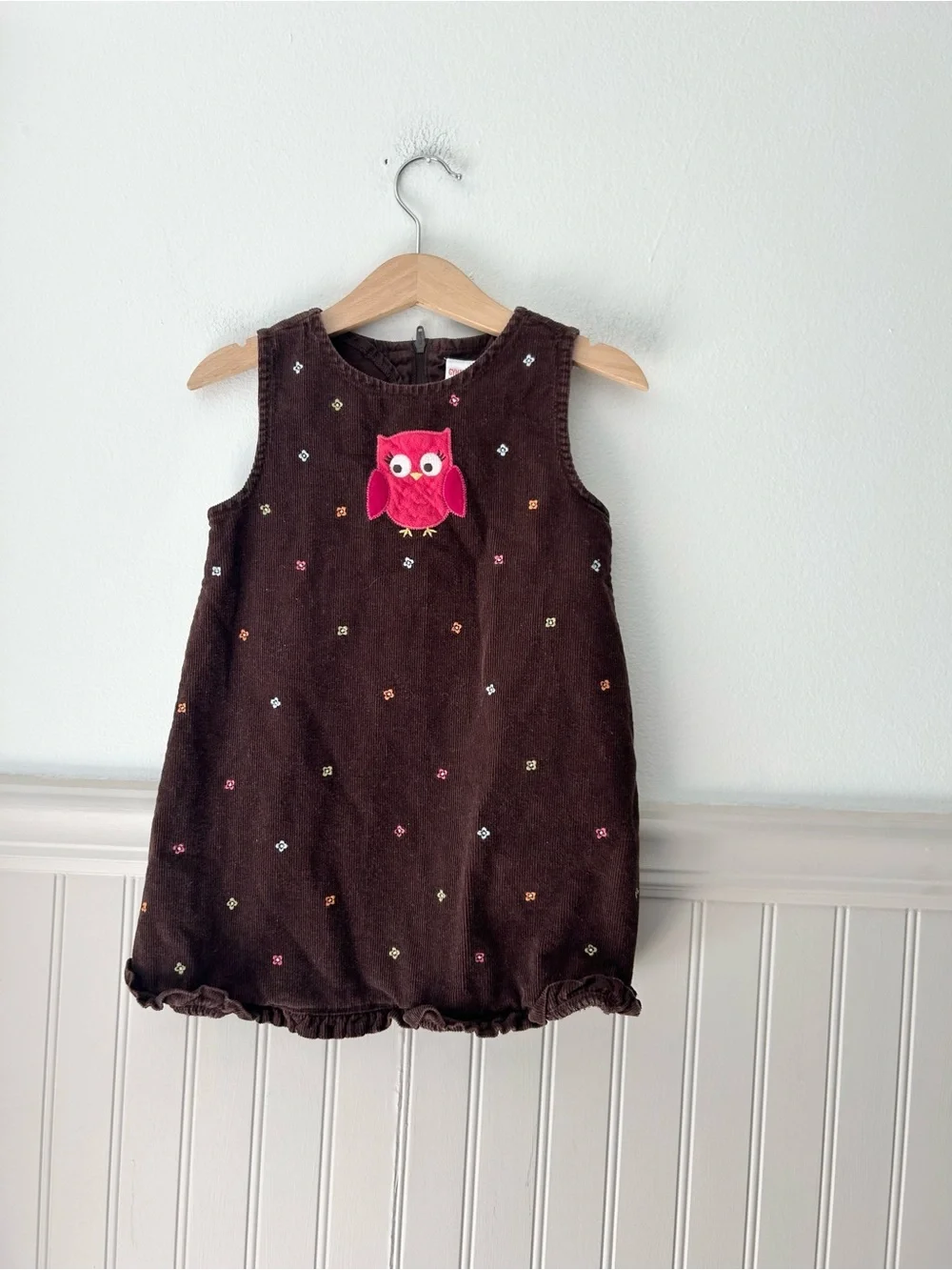 Gymboree 3T Brown Corduroy Owl Applique Embroidered Dress Pink Ruffle Hem